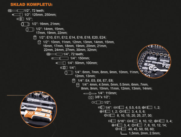 Komplet kluczy nasadowych 1/4” + 1/2” 108 szt.