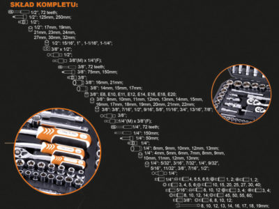 Komplet kluczy nasadowych 1/4” + 3/8” + 1/2” 137szt.