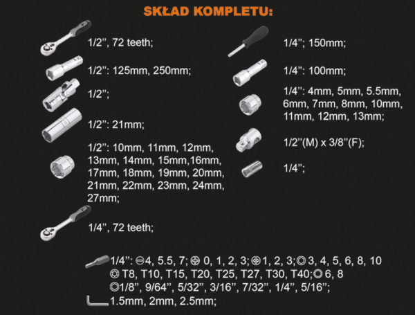 Komplet kluczy nasadowych V-PLUS 1/4” + 1/2” 72szt.